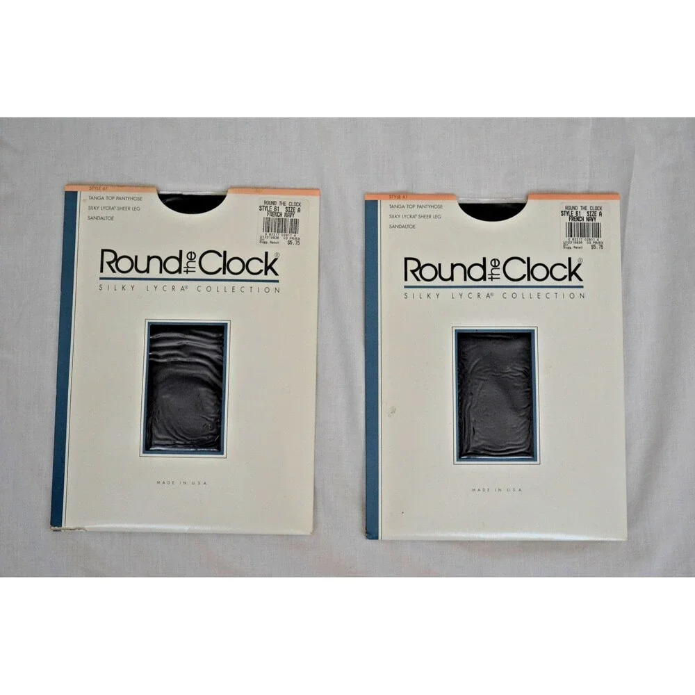 2 Pr Round the Clock French Navy Pantyhose Size A Silky Sheer Sandaltoe Style 61